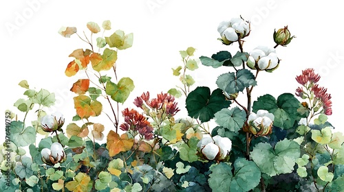 Watercolor painting of cotton plant branches with flowers and green leaves on a white