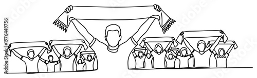 Group of soccer fans holding scarves above their heads in a stadium continuous line art