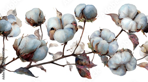 Watercolor painting of blue tinted cotton bolls on a branch isolated on a plain white