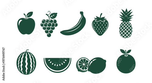 Collection of Flat Vector Fruit Icons with Apple Grape Banana Strawberry Pineapple and Watermelon