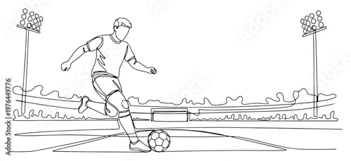 Soccer player in action on a stadium pitch under floodlights continuous line drawing