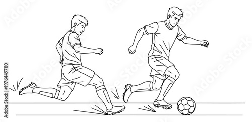 Two soccer players competing for the ball in a dynamic action scene line art