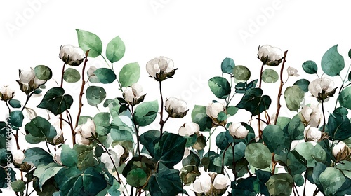 Watercolor painting of cotton plant branches with white fluffy bolls and green leaves on