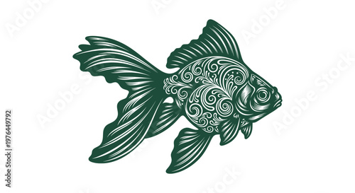 Ornate Green Goldfish Illustration with Swirling Floral Patterns and Artistic Line Art Silhouette
