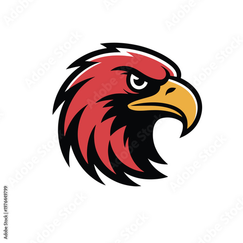 A vibrant red and black eagle head vector illustration with a fierce expression and sharp beak