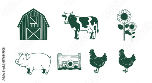 Collection of Farm Animal and Agricultural Icons with Barn Cow Pig Hen and Sunflower Silhouettes.