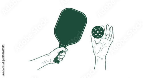 Green Line Art Illustration of Hands Holding a Pickleball Paddle and Ball for Sports and Leisure