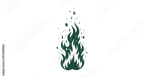 Stylized Dark Green Fire Flame Illustration on White Background for Camping and Nature Design Projects
