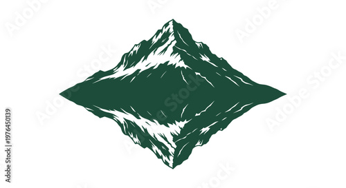 Vector illustration of a dark green mountain peak with its reflection. Outdoor nature emblem design.
