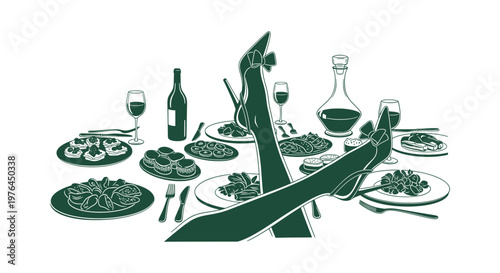 Luxurious Dinner Table Illustration with Gourmet Food, Wine, and Woman's Legs in Elegant High Heels