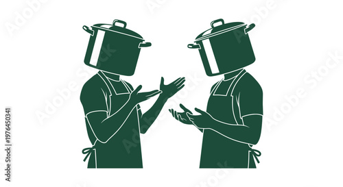 Two chefs wearing cooking pots as heads talking while wearing aprons green silhouette illustration.