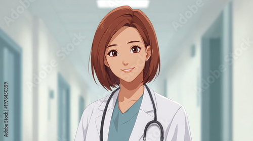 Female doctor with short brown hair wearing a white lab coat and stethoscope smiles in a hospital corridor with blurred medical environment in the background