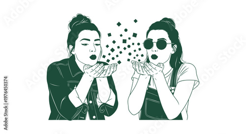 Stylized line art drawing of two best friends blowing small shapes from hands, celebrating life.