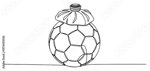 Sick soccer ball with an ice pack on top in minimalist continuous line art