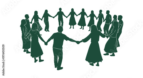 Green Silhouette of Diverse People Holding Hands in a Circle Unity and Community Concept Design