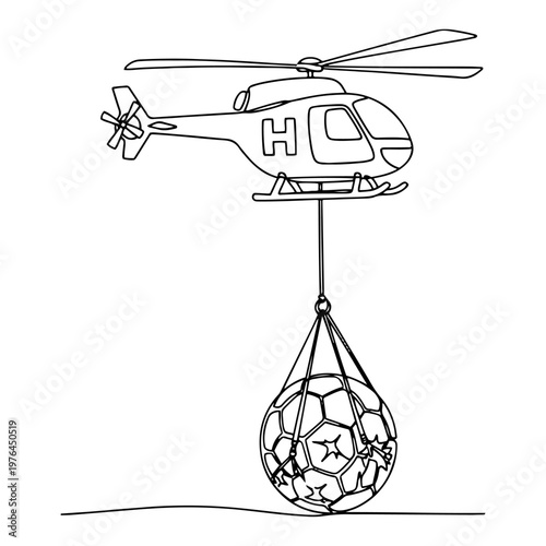 Helicopter transporting a soccer ball in a cargo net for medical evacuation line art