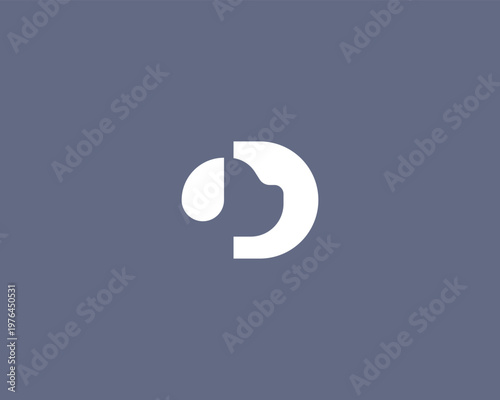 Minimalist letter D with a dog head silhouette in negative space vector logo. Clean geometric logotype for pet shops, veterinary clinics and dog training services