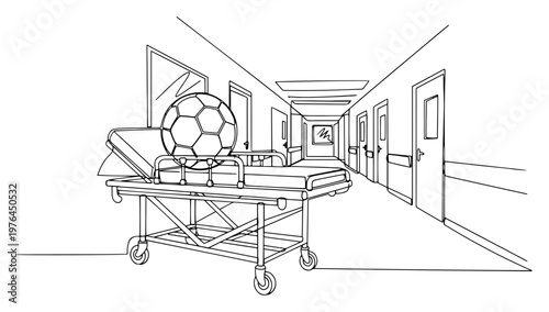 Soccer ball on a hospital gurney in a corridor drawn with continuous line art