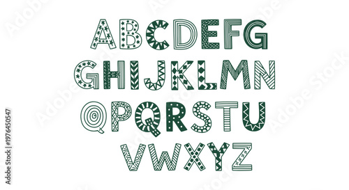 Hand Drawn Decorative Alphabet with Ethnic Patterns Green Ink Doodle Letters Isolated on White Background