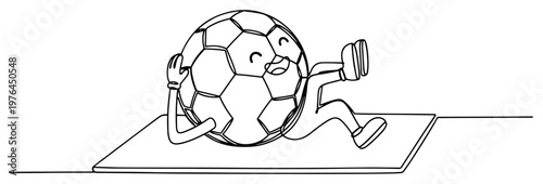 Cute cartoon soccer ball character relaxing and resting on a yoga mat in line art style
