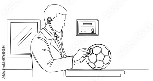 Professional doctor examining a soccer ball with a stethoscope in continuous line drawing
