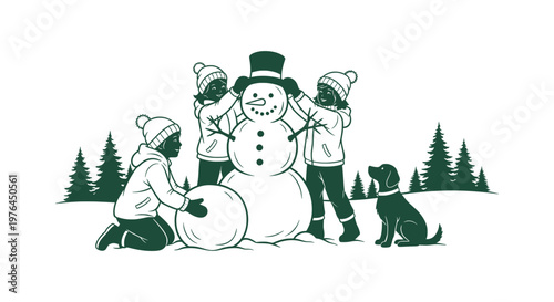 Children building a snowman with dog in snowy forest winter landscape monochrome vector illustration