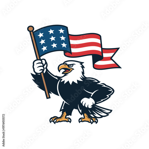 A majestic bald eagle holding an American flag in its beak with a patriotic ribbon