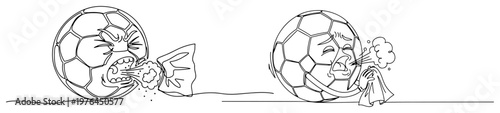 Cartoon soccer ball characters suffering from cold symptoms like coughing and sneezing in line art