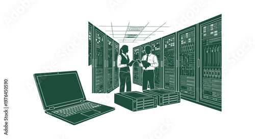 Database Administrators Working in Modern Server Room Facility Monochromatic Green Illustration Art.
