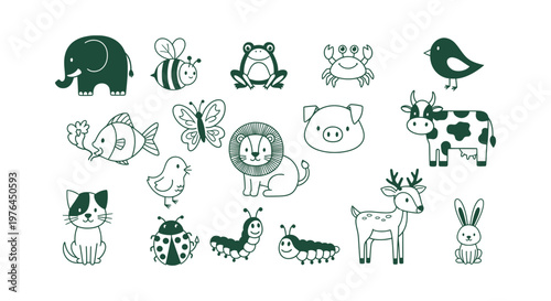 Cute Cartoon Animal Vector Icons Set with Elephant Lion Cat Cow Bird and Various Forest Creatures.