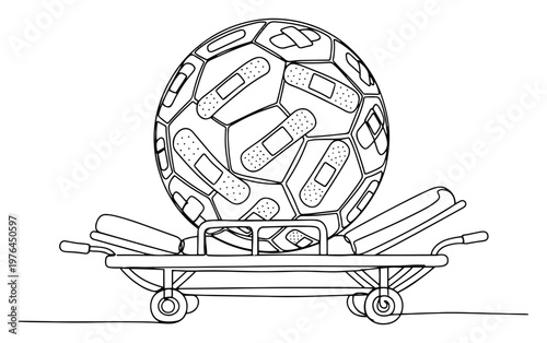 Injured soccer ball character covered in medical plasters and bandages lying on a hospital stretcher