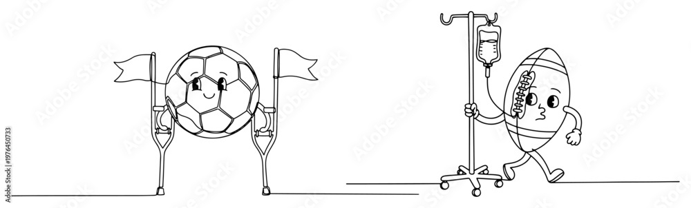 Obraz premium Continuous line art of an injured soccer ball on crutches and a rugby ball with an IV stand