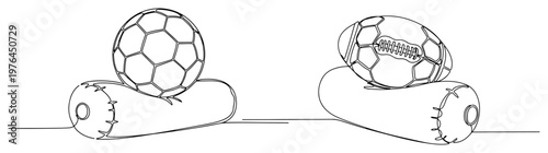 Continuous line illustration of a soccer ball and American football resting on orthopedic neck braces
