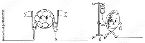 Continuous line art of an injured soccer ball on crutches and a rugby ball with an IV stand
