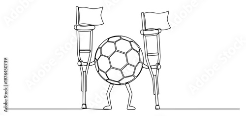 Minimalist continuous line drawing of a soccer ball character using crutches for rehabilitation
