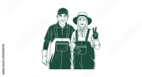 Senior Asian farmer couple wearing overalls and hats smiling together green line art vector design