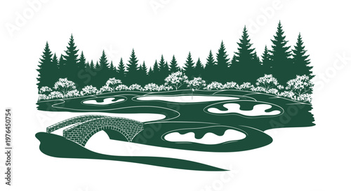 Green Silhouette Illustration of a Scenic Golf Course Hole with a Stone Bridge and Lush Pine Trees