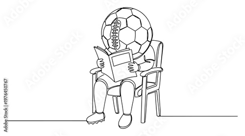 Continuous line illustration of a soccer ball character sitting in a chair and reading