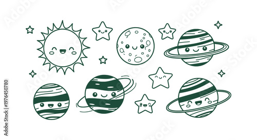 Hand Drawn Kawaii Space Elements Vector Set with Cute Smiling Sun Moon Stars and Planets Line Art