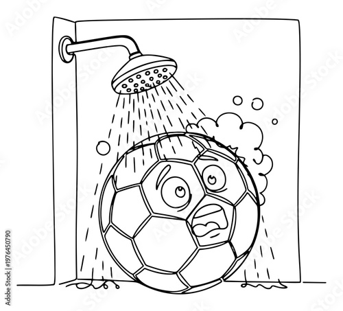 Funny soccer ball character taking a shower with soap suds in line art style