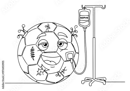 Tableau sur toile Continuous line drawing of a soccer ball character connected to a morphine IV dr