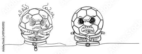 One line art of crazy soccer ball characters held in straitjackets and restraints
