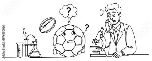 Scientist examining a soccer ball in a laboratory during a research experiment line art