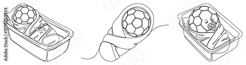 Newborn baby soccer balls wrapped in swaddle clothes inside hospital bassinets line art