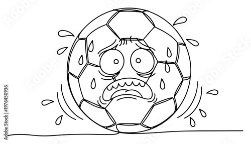 Scared soccer ball character sweating and shaking with fear in minimalist continuous line art