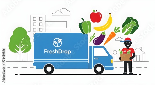Fresh produce delivery truck with smiling worker and colorful fruits and vegetables in urban setting
