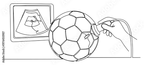 Medical professional performing an ultrasound scan on a soccer ball in minimalist line art