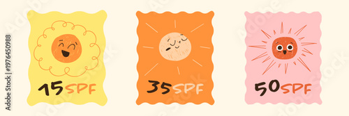 Hand drawn sun characters with SPF levels 15 35 50, cute sunscreen protection concept, summer skincare icons isolated on colorful background