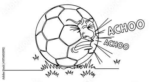 Funny soccer ball character sneezing on grass due to allergy or cold symptoms