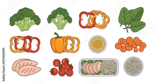 flat lay assortment of fresh vegetables and herbs for healthy cooking and nutrition concept
